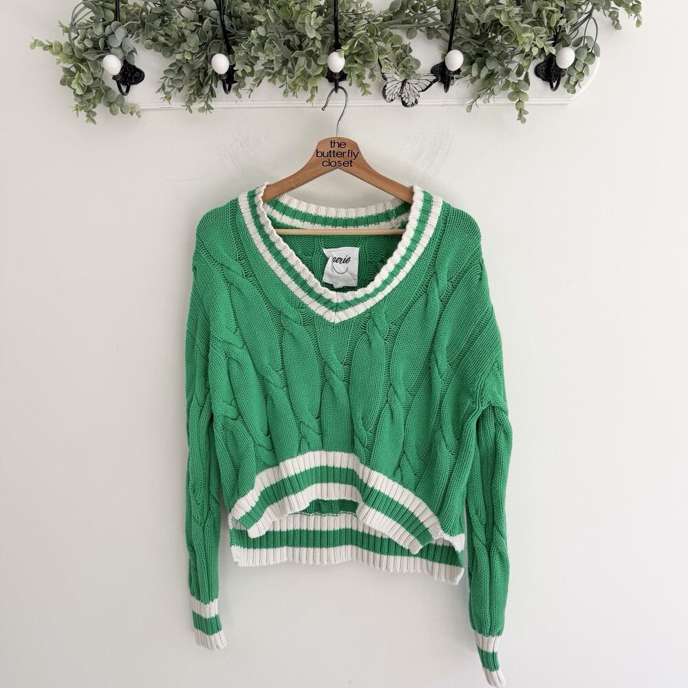Aerie Green Cropped Cable Knit V Neck Sweater Academia Preppy College XS ee6020